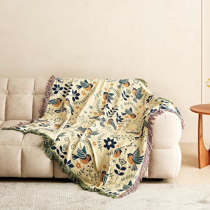 MSGKV Boho Throw Blanket 50"x60" Cotton Blanket for Couch and Sofa Cover for Living Room Spring Throw Decorative Woven Bird Blankets