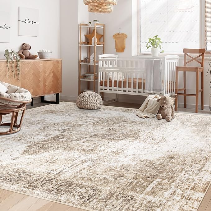 Area Rug 6x9 Washable Rug, Vintage Boho Medallion Rugs Non-Slip Soft Low Pile Large Distressed Rug Indoor Retro Carpet for Living Room Bedroom Dining Room Home Office (Brown, 6'x9')