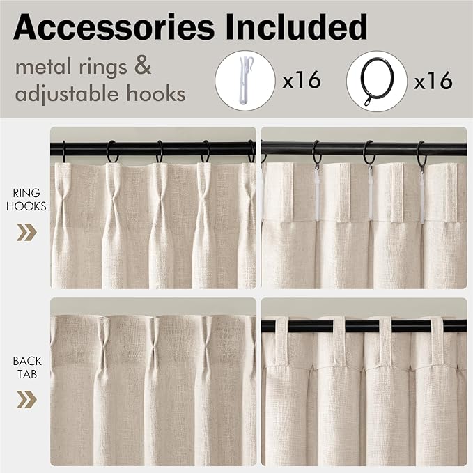 MIULEE Pinch Pleated Thick Linen Curtains 102 Inches Long 2 Panels for Living Room Bedroom, Memory Trained Pleat Drapes Back Tab Light Filtering Boho Cream Ivory Window Curtains with Hooks