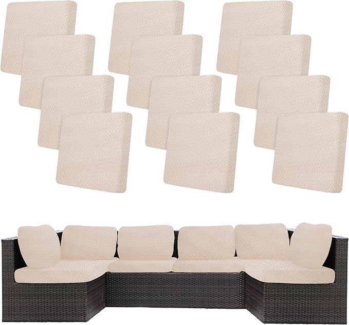 12Pcs Stretch Patio Cushion Covers,Outdoor Couch Covers Replacement,Outdoor Couch & Sofa Slipcovers,for Patio Furniture Cushion Covers,Washable Reusable Furniture Protector (Beige,Cover Only)