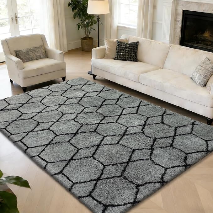 Shag Area Rug for Bedroom 5x8,Fluffy Area Rugs for Living Room,Geometric Soft Fuzzy Rug Non-Shedding Indoor Plush Carpet for Kids Bedroom Nursery Dorm Home Christmas,Grey and Black