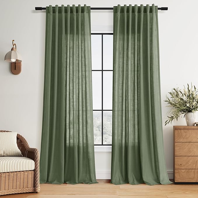 Nanspring Forest Green Linen Curtains 96 Inches Long for Living Room Light Filtering Semi Sheer Curtain Back Tab and Rod Pocket Wabi Sabi Boho Decor Drapes for Bedroom Office 52x96, 2 Panels