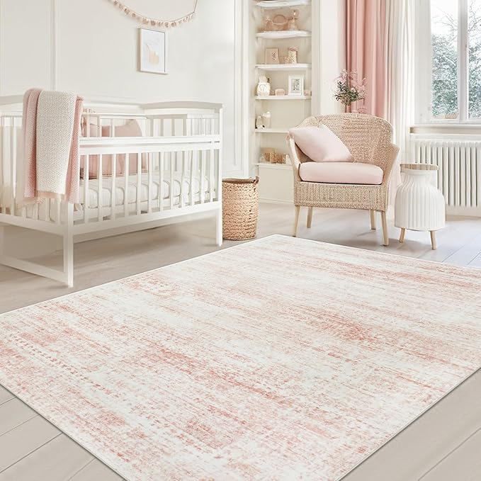 Washable Rugs 5x7 Area Rugs for Living Room,Bedroom,Dining Room- Ultra Soft Faux Wool Nursery Rug for Baby Girl,Neutral Light Pink Low Pile Vintage Carpets for Dorm Kids Playroom,Non Slip