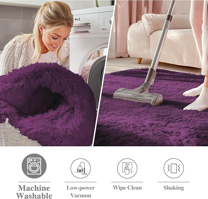 OLANLY Dark Purple Round Rugs for Bedroom - Machine Washable, 4 ft Circle Area Rugs for Living Room, Soft and Fluffy Shaggy Carpet for Teen Girl and Boys, Nursery Rooms, Dorms, Home Decor Aesthetic