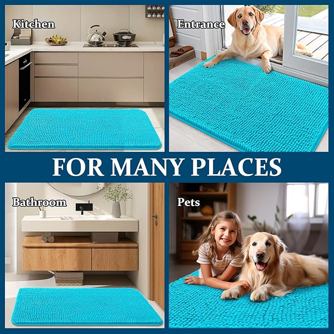 OLANLY Dog Door Mat for Muddy Paws 45x27, Absorbs Moisture and Dirt, Absorbent Non-Slip Washable Doormat, Quick Dry Chenille Mud Mat for Dogs, Entry Indoor Entryway Carpet for Inside Floor, Aqua Blue