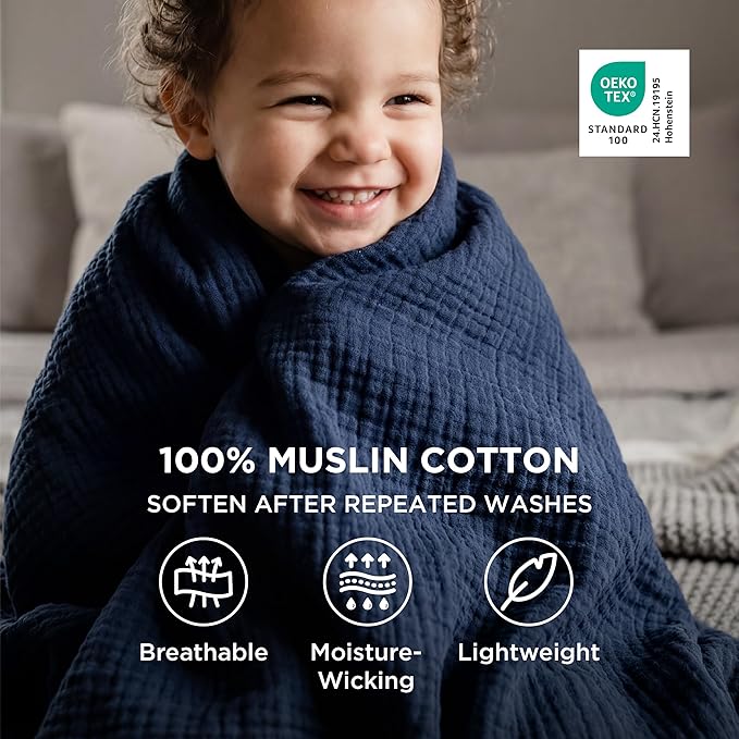 Bedsure 100% Cotton Muslin Blankets for Adults Large Throw 50x70 Inches - 4-Layer Breathable and Lightweight, Soft Boho Gauze Muslin Cotton Blanket for Couch Decor Travel Summer, Navy Blue