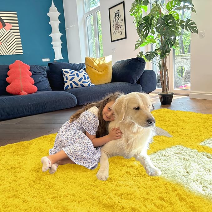 OLANLY 2x4 Machine Washable Runner Rugs for Hallway, Soft Fluffy Shaggy Bedside Rugs for Bedroom, Living Room, Indoor Floor Carpet for Kids Girls and Boys, Nursery Rooms, Home Decor Aesthetic, Yellow