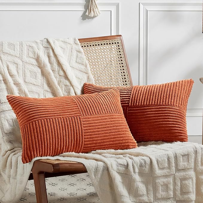 Fancy Homi 2 Packs Burnt Orange Lumbar Decorative Throw Pillow Covers 20x28 Inch for Living Room Couch Bed Sofa, Farmhouse Boho Home Decor, Soft Striped Corduroy Rectangle Accent Cushion Case 50x70 cm