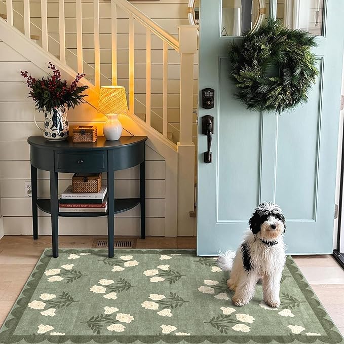3x5 Floral Entry Rug - Small Washable Indoor Outdoor Mats for Front Door Non-Slip Spring Porch Rug Sage Green Farmhouse Throw Rugs for Living Room Bedroom Entryway Kitchen Office Porch Decor