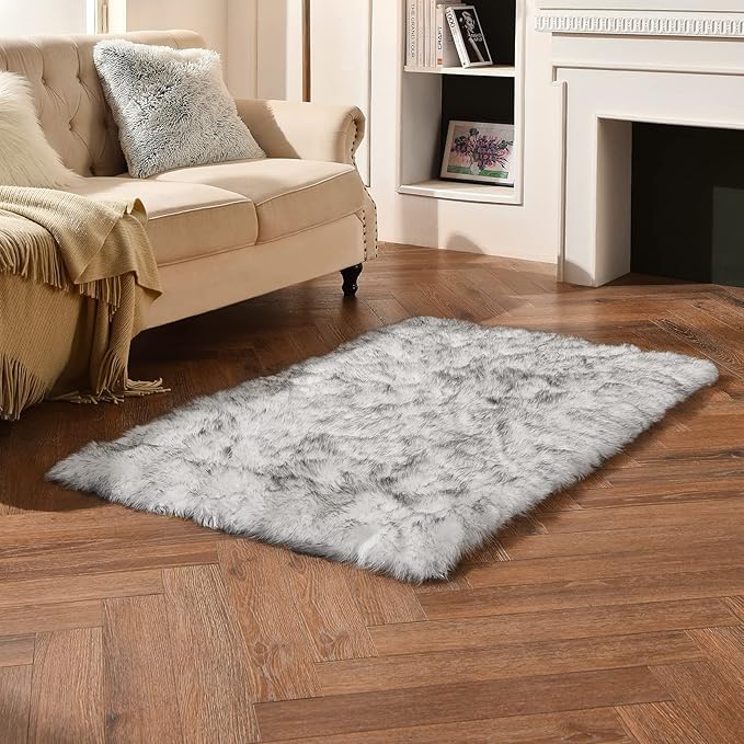 duduta White Black Faux Sheepskin Fur Rug 3x5 ft, Fluffy Shag Bedroom Dorm Nursery Playroom Carpet Rug Non Slip Washable