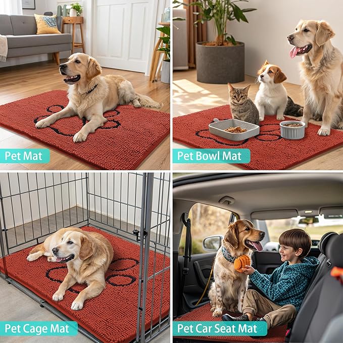 Smiry Dog Door Mat for Muddy Paws, Absorbent Dirt Trapper Non Slip Quick Dry Washable Chenille Mat for Mud Dogs, Entry Rug for Indoor and Outdoor (48x30 Inches, Maple Red and Black)