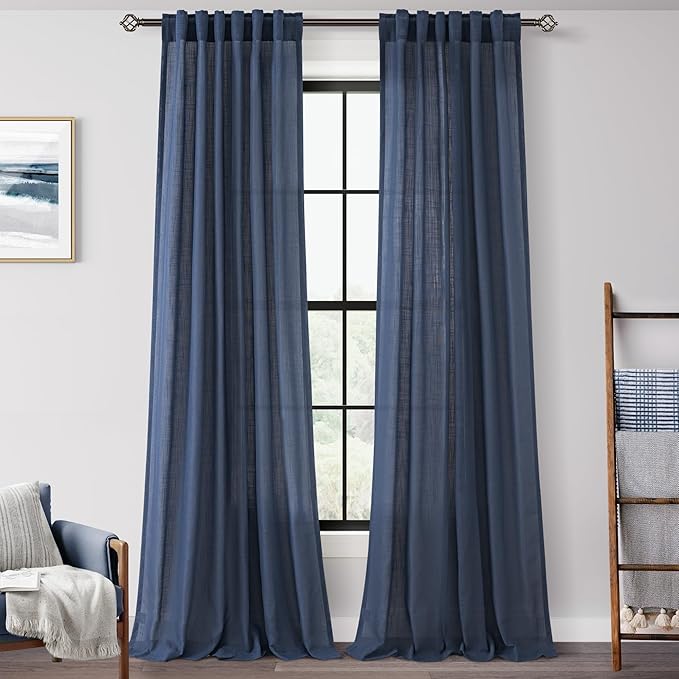 Navy Blue Curtains 120 inch Length for Bedroom Back Tab Light Filtering Semi Sheer Blue Living Room Curtains Linen Cotton Textured Indigo Blue Drapery Panel Modern Aesthetic Decor 42" Wx120" L