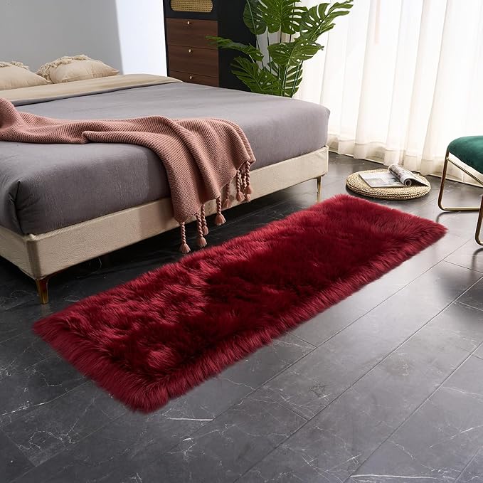 EasyJoy Ultra Soft Fluffy Rugs Faux Fur Rug Chair Cover Seat Pad Fuzzy Area Rug (2x6 ft Rectangle, Burgundy)
