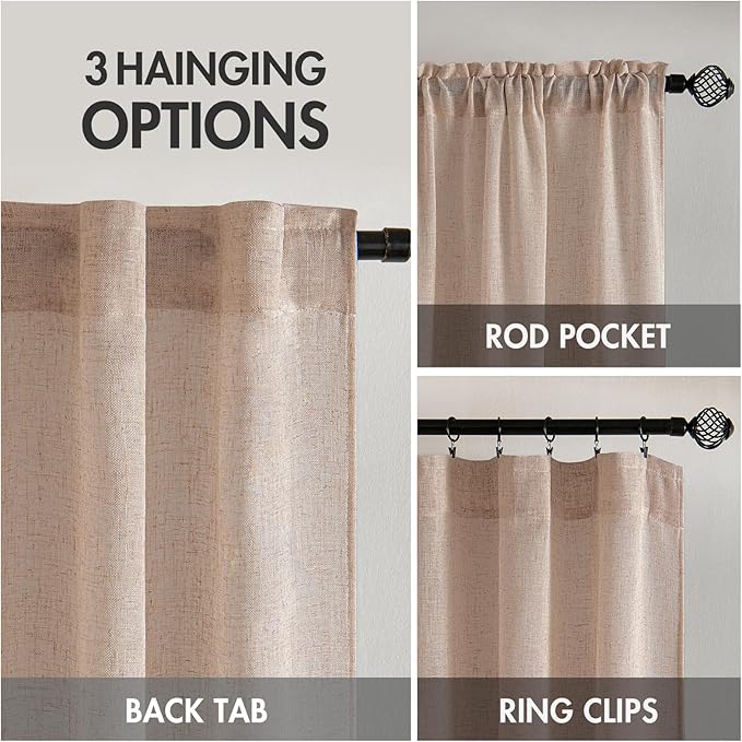 MIULEE Natural Beige Linen Curtains 96 Inches Long 2 Panels for Bedroom Living Room, Soft Linen Textured Window Drapes Semi Sheer Light Filtering Back Tab Rod Pocket Farmhouse Burlap Look Decor