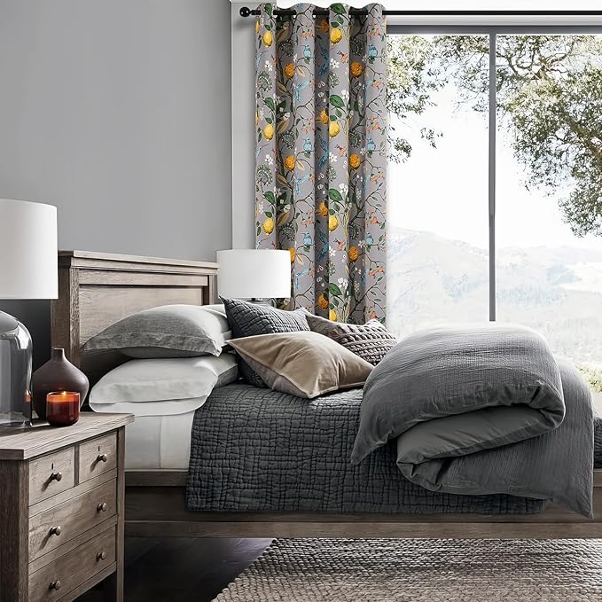 Topfinel Gray Patterned Curtains 96 Inch Long for Living Room, Bedroom Blackout Elegant Vintage Botanical Floral Hummingbird Drapes Grommet Window Treatments for Sliding Door 2 Panel 96 Inch Length