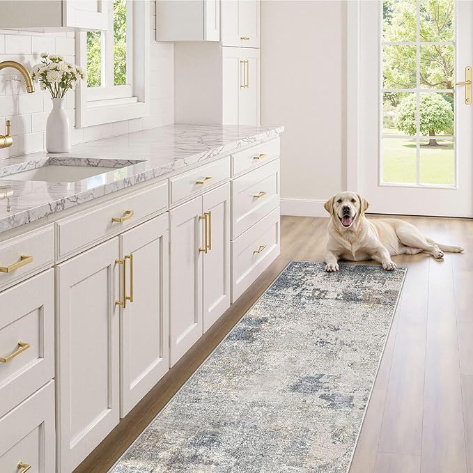 2X8 Washable Runner Rug for Hallway: Soft Neutral Modern Abstract Area Rug - Non-Slip Low Pile Long Throw Indoor Carpet for Kitchen Entryway Kitchen Bedroom Laundry - Blue Grey