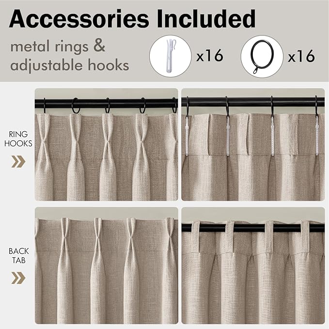 MIULEE Pinch Pleated Thick Linen Curtains 102 Inches Long 2 Panels for Living Room Bedroom, Pinch Pleat Drapes Back Tab Memory Trained Rustic Farmhouse Window Curtains with Hooks&Rings, Taupe