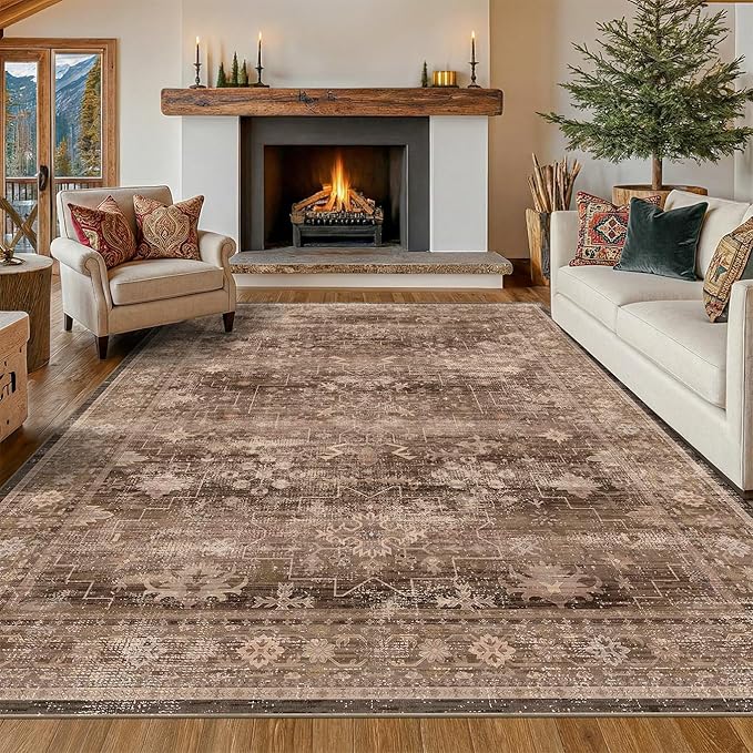 Hazo Haus Brown Rug for Living Room 10x14 - Extra Large Vintage Western Unique Neutral Taupe, Washable Low Pile Non-Slip Soft Thin Area Rug for Dining Under Table, Bedroom Under Bed, Home Office
