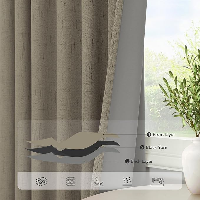 Dark Taupe Neutral Blackout Curtains 96 Inch Long 2 Panel Insulated Sliding Door Curtain UV Heat Blocking Drape for Living Room Bedroom Linen Cloth Canvas Burlap Primitive Decor Back Tab 52x96 Length