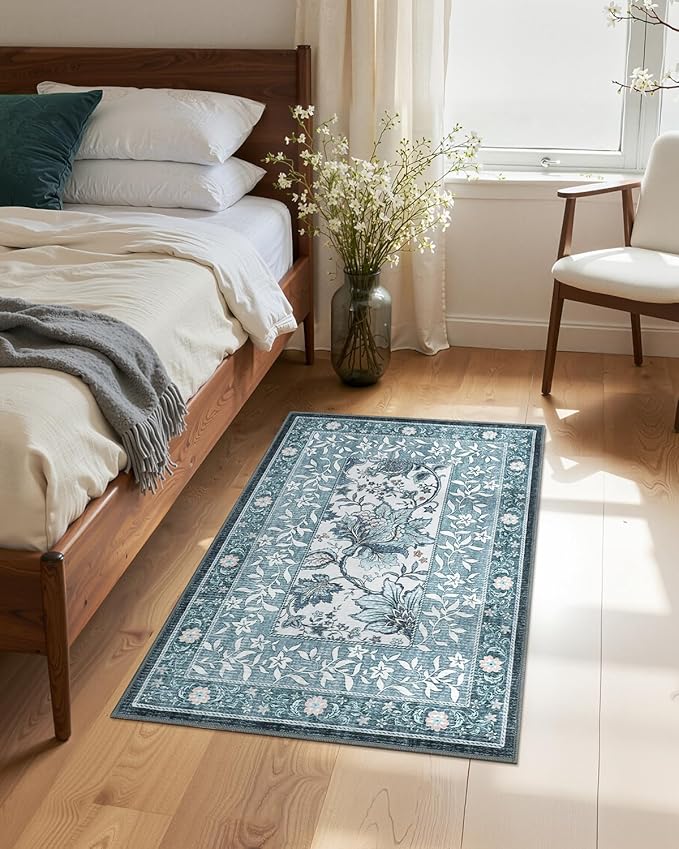 GarveeHome Mist Blue 2x3 Door Mat Indoor Rugs for Entryway Provence Small Botanical Grove Cottagecore Washable Non-Slip Low-Pile Rug for Bedroom Kitchen Bathroom Entrance