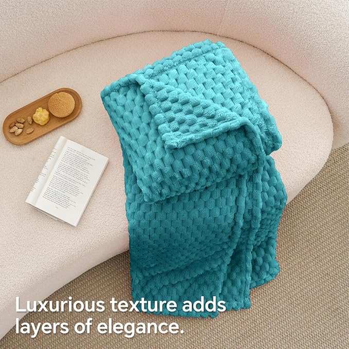 BEDELITE Fleece Twin Blanket for Couch & Bed - 3D Jacquard Decorative Teal Throw, Super Soft and Cozy Warm Fuzzy Blanket All Seasons Suitable, 60x80Inches