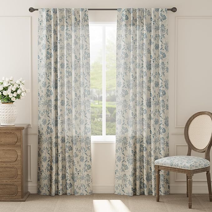 jinchan Linen Floral Curtains for Living Room with Printed Flower 84 Inches Long Light Filtering French Country Back Tab Rod Pocket Blue Window Curtain Set Farmhouse Drapes 2 Panels Blue