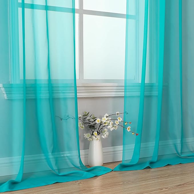 OVZME 2 Panels Sheer Curtains 108 Inches Long, Light Filtering Semi Transparent Lightweight Voile Rod Pocket Window Curtains for for Yard, Patio, Villa, Parlor, W42 x L108, Turquoise