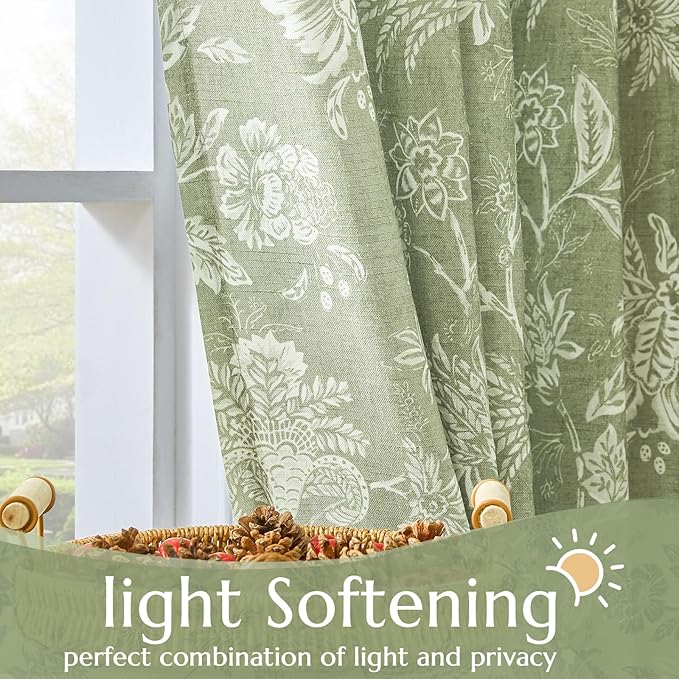 jinchan Linen Floral Curtains for Living Room with Printed Flower 84 Inches Long Light Filtering French Country Back Tab Rod Pocket Sage Green Window Curtain Set Farmhouse Drapes 2 Panels
