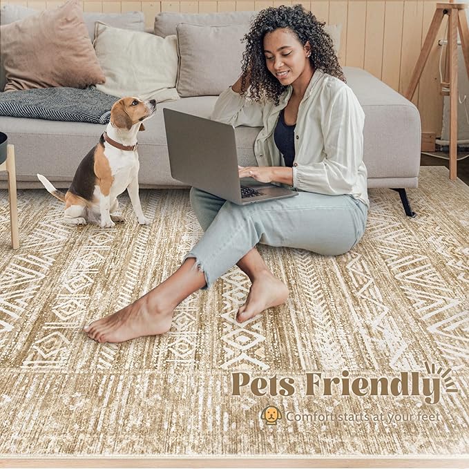 Living Room Rugs 9x12: Washable Moroccan Geometric Boho Rug Farmhouse Non Slip Stain Resistant Large Rug Low Pile Soft Carpet for Bedroom Dining Room Kids Room (Light Brown,9'x12')