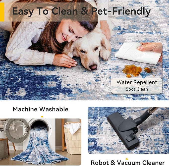 Washable Area Rugs 2'6'' x12 Non-Slip Modern Abstract Soft for Living Room Entryway Bedroom Nursery, Print Pattern, Blue Grey Navy Gray
