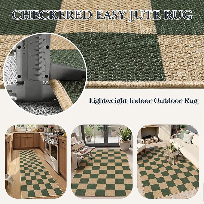 Lahome Colette Checkered Outdoor Runner Rug, 2x8 Green Kitchen Runner Rugs for Non Skid Washable Entryway Carpet, Checkerboard Non Slip Non Shedding Carpet for Bedroom