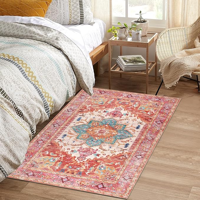 Yamaziot Washable Area Rug for Bedroom, 3x5 Non-Slip Boho Vintage Living Room Rug with Rubber Backing, Low Pile Faux Wool Soft Distressed Rug Floor Carpet for Living Room, Laundry, Kid Playroom