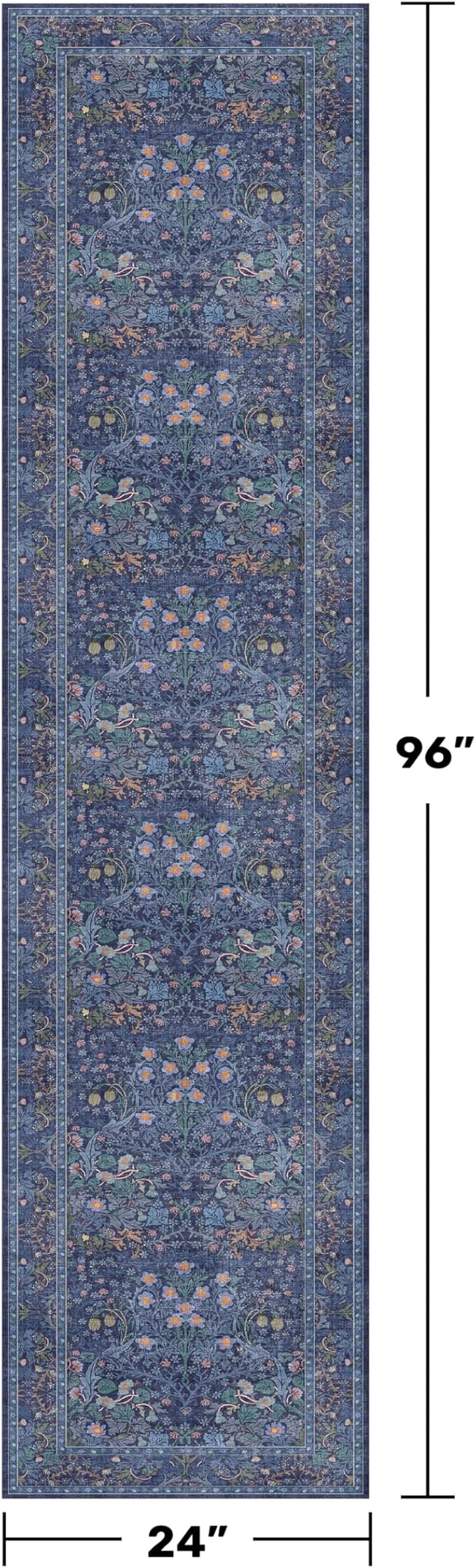 Dark Blue 2x8 Kitchen Runner Rugs - 8ft Long Machine Washable Hallway Runner Non Slip, Floral Pattern Indoor Floor Mats for Entryway, Oriental Floral Design Home Décor