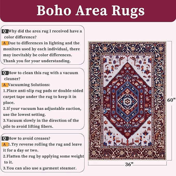 SERISSA Area Rug 3x5 Boho Rugs for Bedroom, Washable Non-Slip Living Room Rug, Ultra Soft Print Distressed Vintage Burgundy Navy Rug Low-Pile Throw Carpet for Entry Kitchen Nursery Dorm Decor