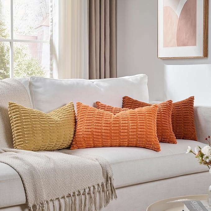Fancy Homi Set of 4 Burnt Orange Fall Lumbar Decorative Throw Pillow Covers 12x20 Inch for Couch Bed Chair, Farmhouse Boho Room Decor, Soft Fuzzy Corduroy Textured Striped Cushion Case 30x50cm