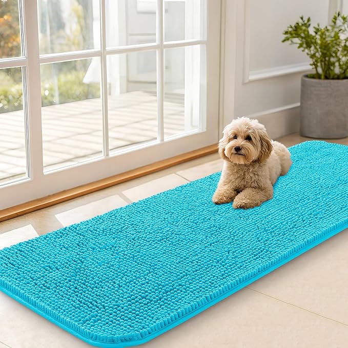 OLANLY Dog Door Mat for Muddy Paws 59x20, Absorbs Moisture and Dirt, Absorbent Non-Slip Washable Doormat, Quick Dry Chenille Mud Mat for Dogs, Entry Indoor Entryway Carpet for Inside Floor, Aqua Blue
