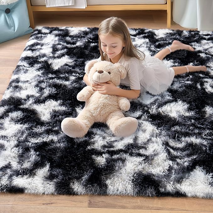 Pionblank Large Rug for Living Room 6x9 Feet, Modern Soft Shag Area Rug, Plush Fuzzy Carpet for Bedroom Girls Boys Room Home Nursery Teens Dorm Decor, Black White