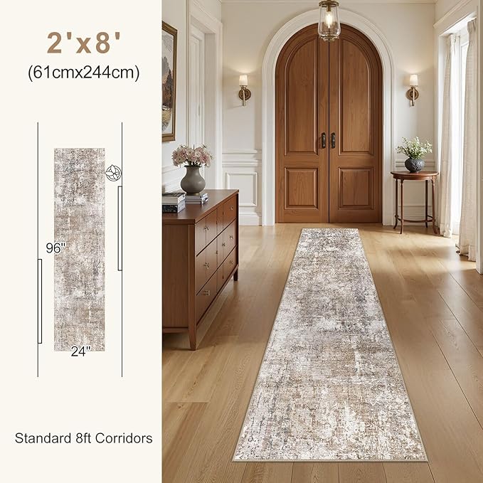 UERMEI 2X8 Washable Runner Rug for Hallway: Soft Neutral Modern Abstract Area Rug - Non-Slip Low Pile Long Throw Indoor Carpet for Kitchen Entryway Kitchen Bedroom Laundry Bathroom - Brown/Grey/Red