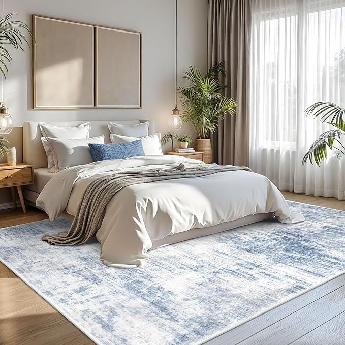IOHOUZE Abstract Area Rugs 8x10 Ft Washable Large Rugs for Living Room, Non Slip Dining Room Rug, Printed Faux Wool Rugs for Bedroom, Floor Carpet for Office Nursery Playroom, Light Blue Grey