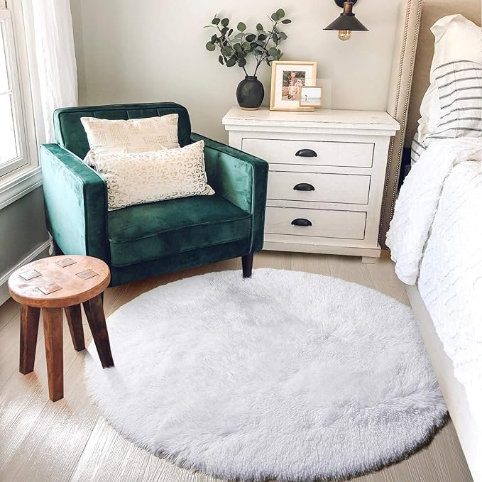 Amdrebio White Fluffy Round Rug 4Ft for Bedroom Aesthetic, Fuzzy Fur Circle Area Rugs for Living Room, Soft Plush Shaggy Shag Carpet for Nursery Dorm, Cute Kids Room Decor for Baby Toddler Teen Girls