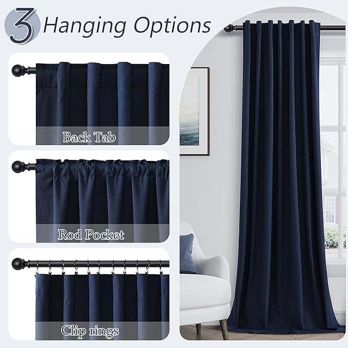 Guken Navy Blue 100% Blackout Linen Curtains 63 Inch Length 2 Panels Set for Living Room Bedroom Back Tab Thermal Insulated Black Out Drapes Room Darkening Farmhouse Window Curtains 63 Inches Long