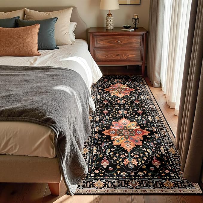 Area Rugs 3'x7' Runner Rug Non Slip Washable for Kitchen Hallway Bedroom Beside Laundry Room Bathroom Rug, Floor Carpet, Black Colorful Floral Dark Tan