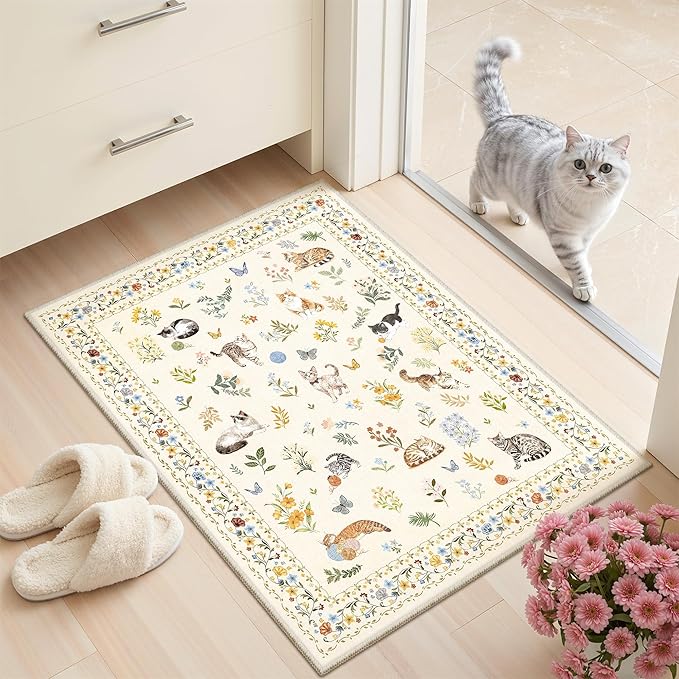 2x3 Cat Rugs for Entryway, Machine Washable Door Mat Animal Floral Small Area Rug Non-Slip Low Pile Soft Throw Rugs for Entrance Kitchen Indoor Front Door Kids Room (2 x 3,Beige)