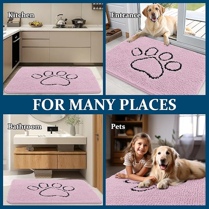 OLANLY Dog Door Mat for Muddy Paws 36x24, Paw Print Design, Absorbs Moisture and Dirt, Non-Slip Washable Doormat, Quick Dry Chenille Mud Mat for Dogs, Entry Indoor Entryway Carpet, Dusty Rose