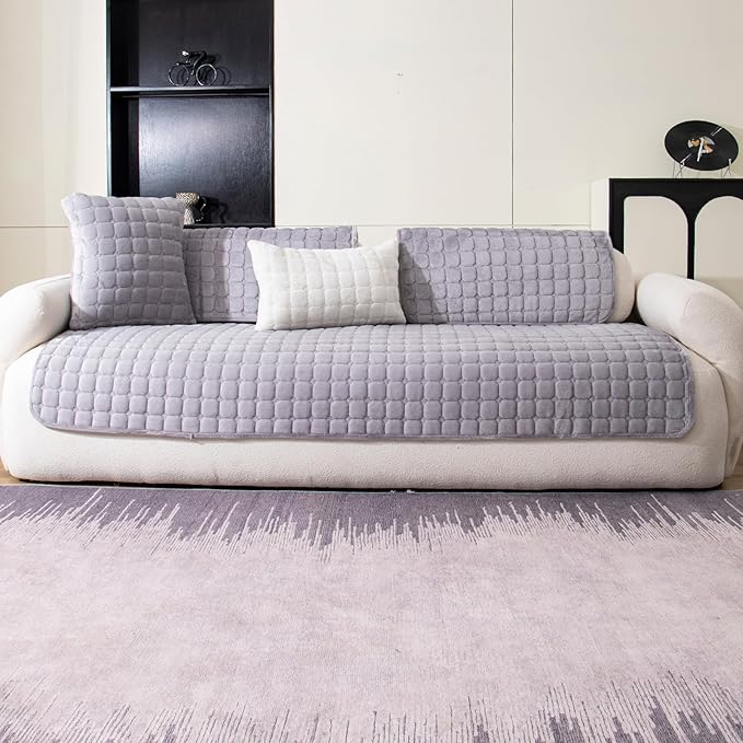 Velvet Couch Cover, Washable Sectional Sofa Cover, Anti Slip Sofa Slipcover for 3 Cushion Couch Sofa L Shaped Armrest Backrest, Furniture Protector Covers for Pets Kids(Light Grey, Only 1 PCS)