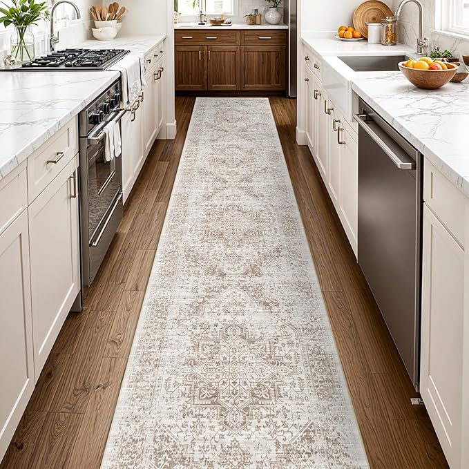 Washable 2'6''x14' Runner Rug - Non-Slip Vintage Runner Rug for Entryway Low-Pile Medallion Long Rugs for Hallway Waterproof Traditional Runner Rugs Indoor Thin Rug for Kitchen (Cream/Beige)