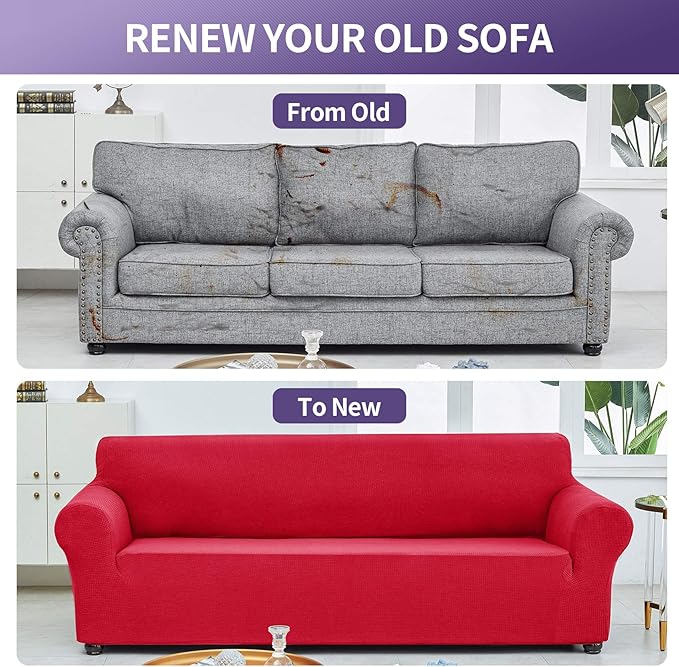 Joccun Christmas Stretch Loveseat Couch Cover Slipcover, 1-Piece Sofa Cover for 2 Cushion Couch Spandex Jacquard Washable Furniture Protector Cover for Living Room,Kids,Pets（Loveseat,Ruby）