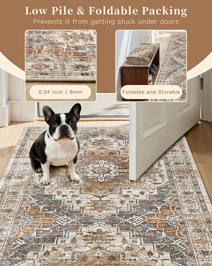 Madane Kitchen Runner Rug - 2x7 Runner Rugs with Rubber Backing Non Slip Vintage Washable Rug Runner Ultra-Thin Throw Carpet Runners for Hallways Bedroom Laundry Room (2'x7', Turmeric/Grey)