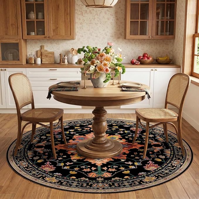 Area Rugs 6ft Washable Non-Slip, Floral Vintage Distress Print Pattern Medallion Carpet for Living Room Bedroom Dining Room, Black Colorful Floral Dark Tan