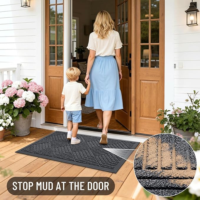 OLANLY Front Door Mat Outside Entrance 29.5x17, Absorbent, Heavy Duty Sturdy Natural Rubber Doormat Indoor Outdoor, Stain Fade Resistant, Non-Slip Low Profile Floor Mat Entryway, Black Gray Diamond